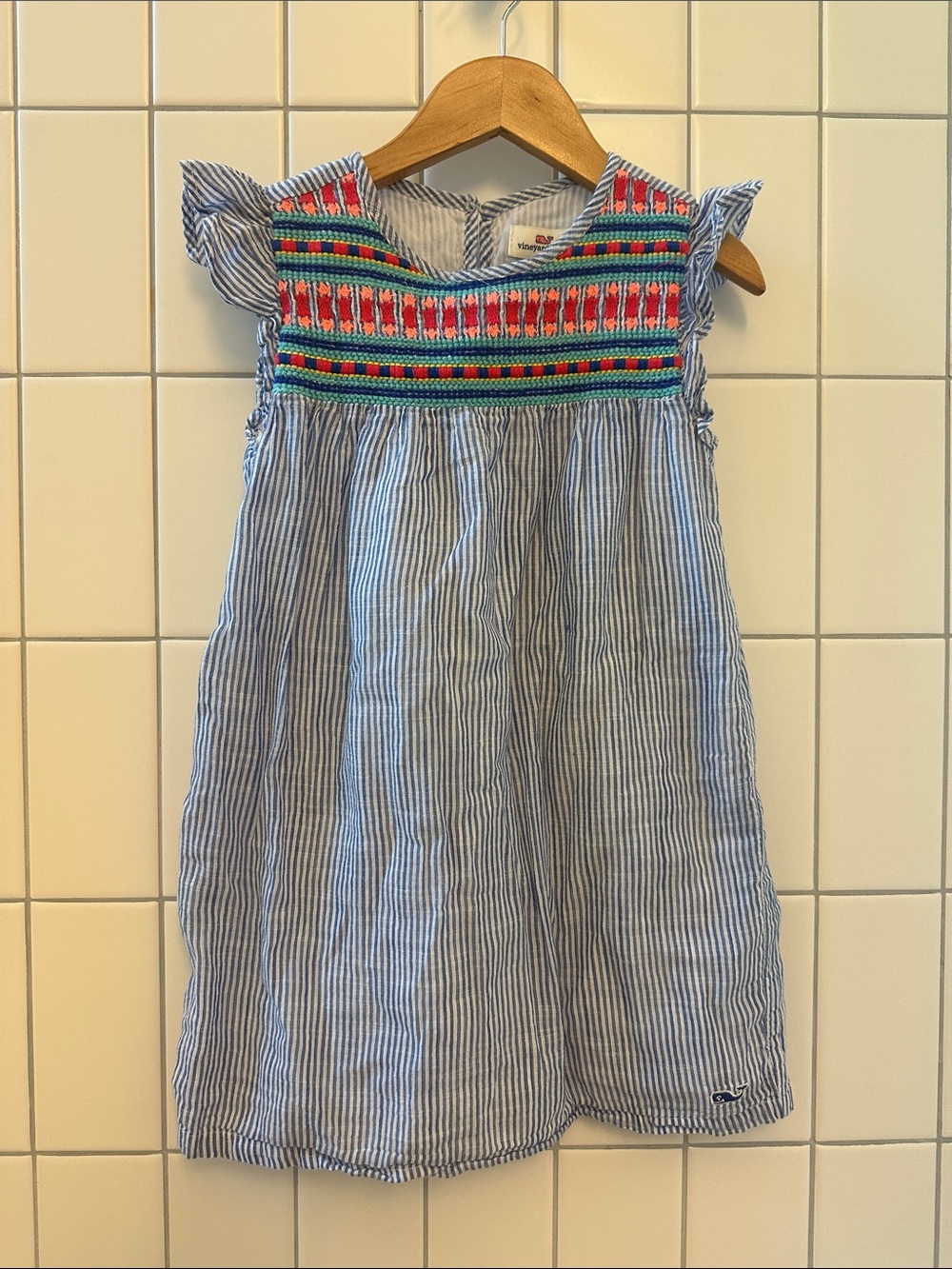 Vineyard Vines Blue and White Striped Dress with Colorful Smocked top, size 5